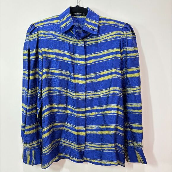 VTG Louis Feraud Paris 100% Silk Long Sleeve Button Up Blouse 36 Blue Stripes - Picture 1 of 11